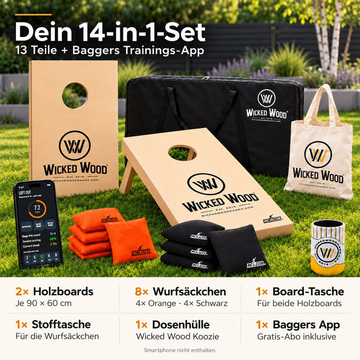 Cornhole Starter Bundle 90x60 – Boards, Draagtas, Tote Bag & Koozie – Wicked Wood Games
